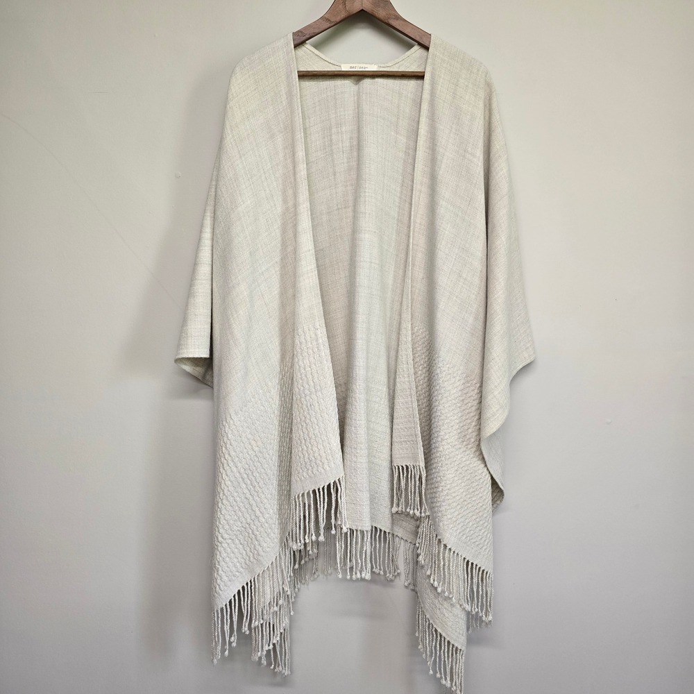 Mer-Sea Poncho Shawl Women One Size Cream Fringe Trim Coastal Boho Wrap